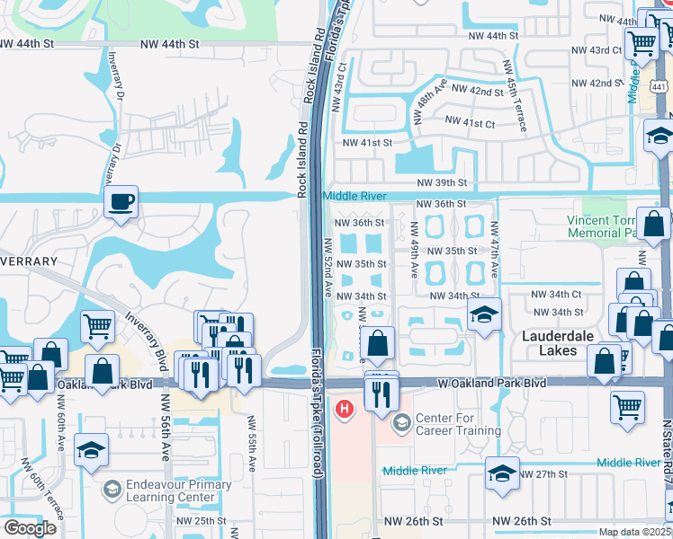 map of restaurants, bars, coffee shops, grocery stores, and more near 5101 Northwest 34th Street in Lauderdale Lakes