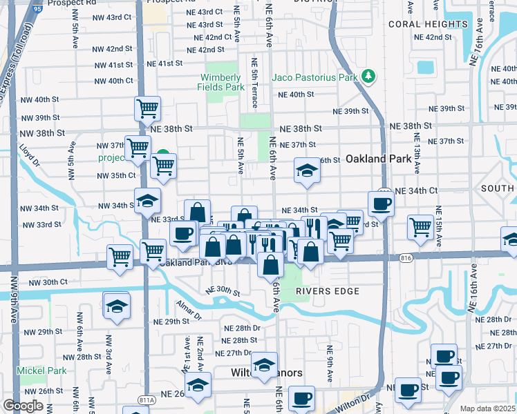 map of restaurants, bars, coffee shops, grocery stores, and more near 580 Northeast 34th Street in Oakland Park