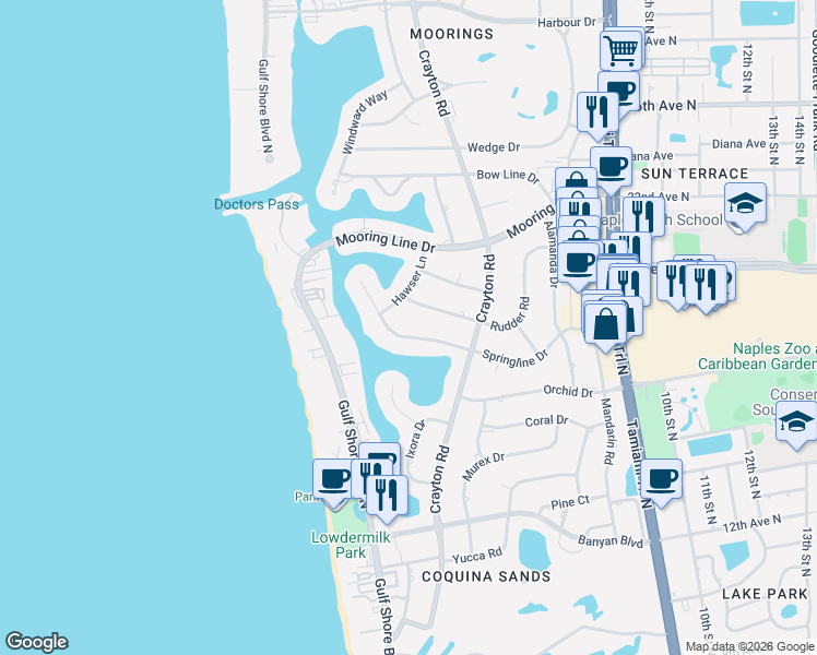 map of restaurants, bars, coffee shops, grocery stores, and more near 350 Springline Drive in Naples