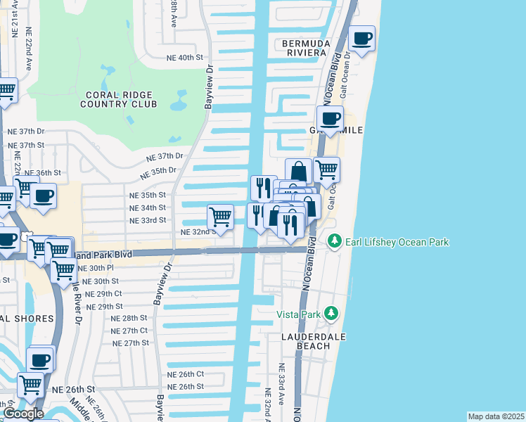 map of restaurants, bars, coffee shops, grocery stores, and more near 3233 Northeast 32nd Avenue in Fort Lauderdale