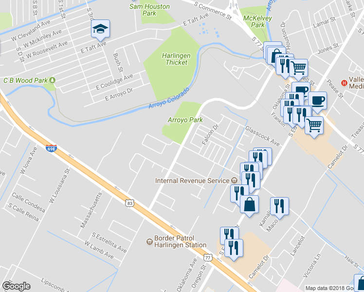 map of restaurants, bars, coffee shops, grocery stores, and more near 1401 Hale Avenue in Harlingen