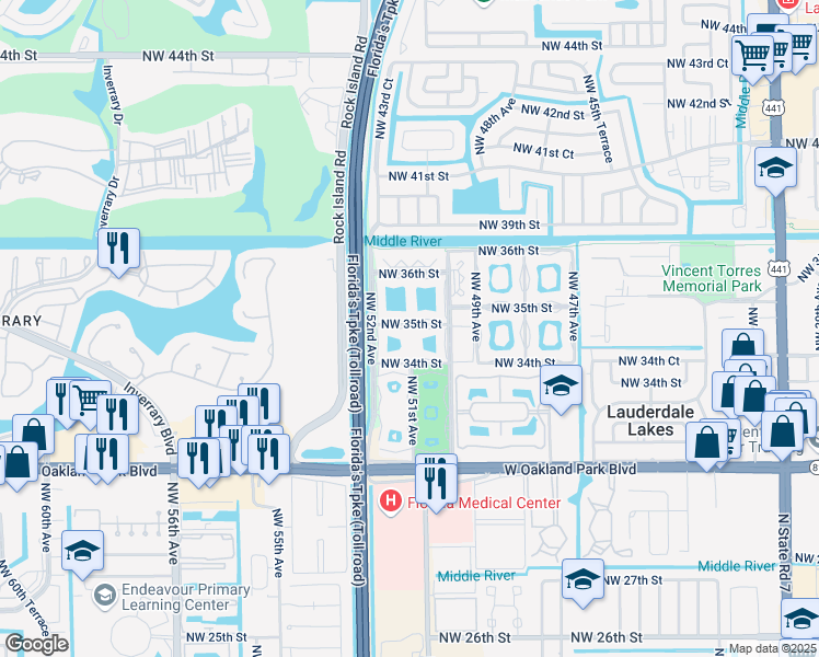 map of restaurants, bars, coffee shops, grocery stores, and more near 5101 Northwest 34th Street in Lauderdale Lakes