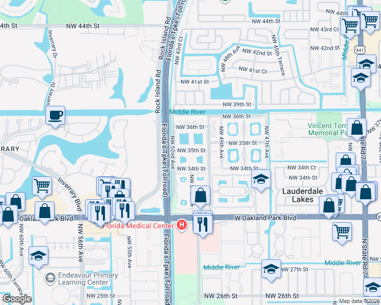 map of restaurants, bars, coffee shops, grocery stores, and more near 5101 Northwest 34th Street in Lauderdale Lakes