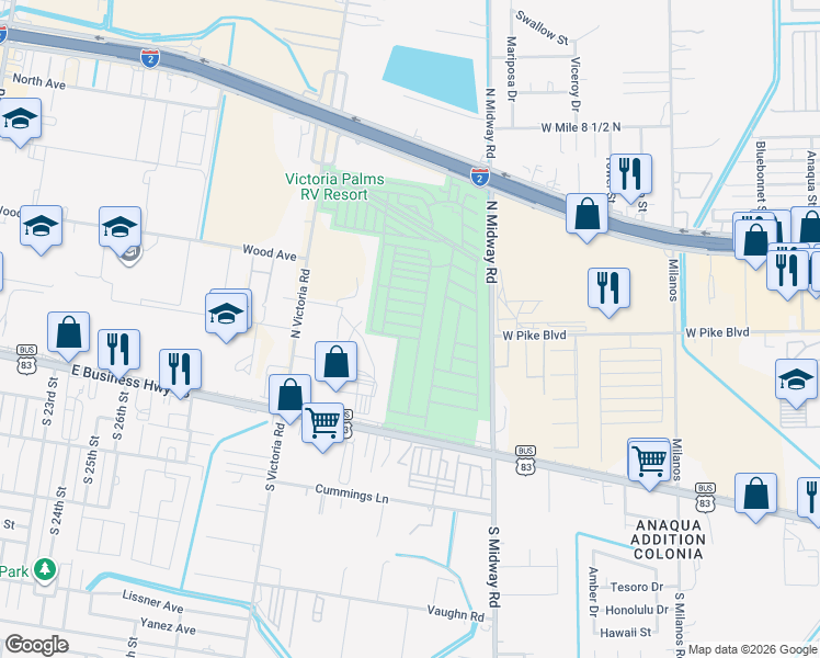 map of restaurants, bars, coffee shops, grocery stores, and more near 2205 Plymouth Street in Donna