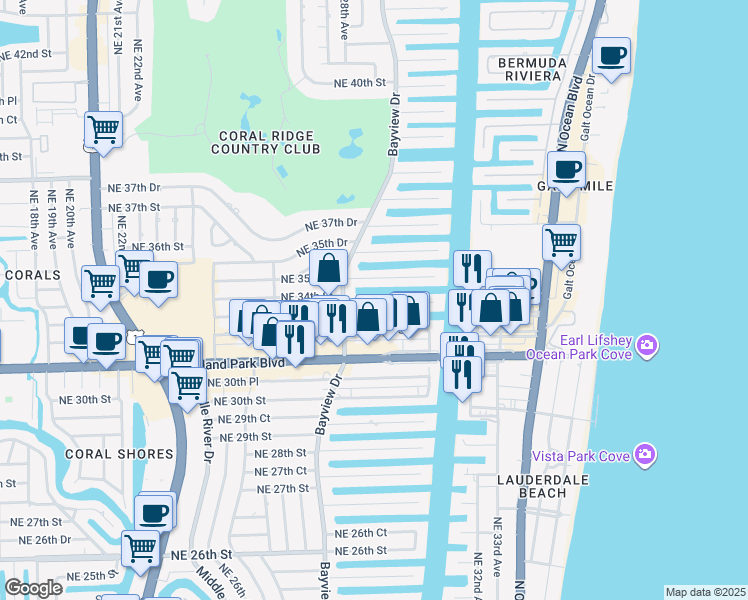 map of restaurants, bars, coffee shops, grocery stores, and more near 205 Northeast 32nd Street in Fort Lauderdale