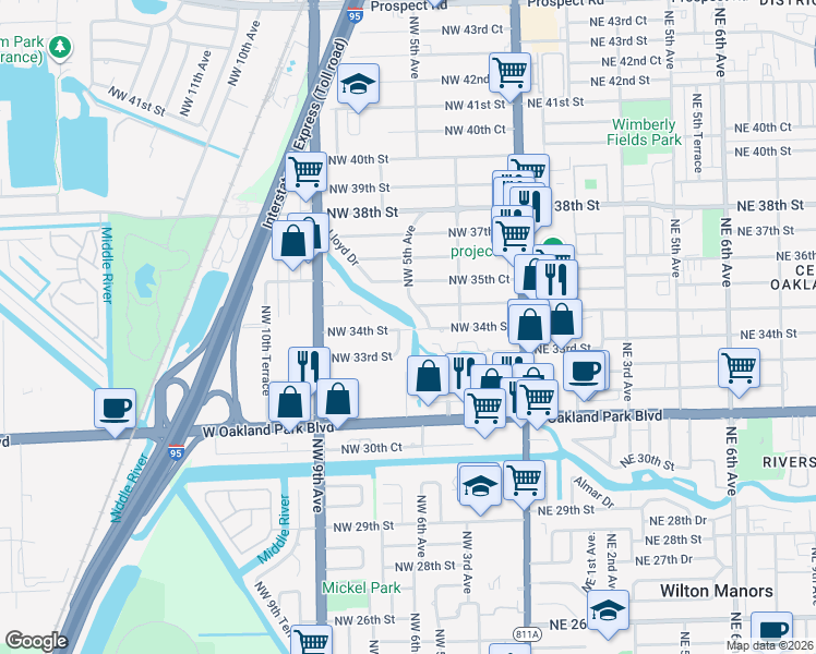 map of restaurants, bars, coffee shops, grocery stores, and more near 3340 Northwest 6th Avenue in Oakland Park