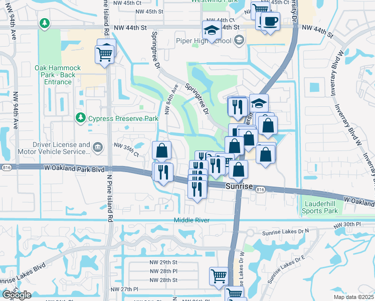 map of restaurants, bars, coffee shops, grocery stores, and more near 3614 Northwest 83rd Lane in Sunrise