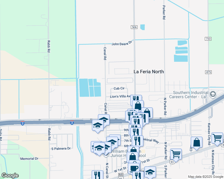 map of restaurants, bars, coffee shops, grocery stores, and more near 4 Lion's Villa Avenue in La Feria