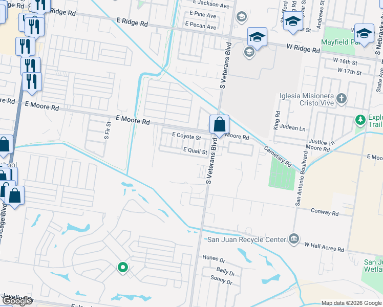 map of restaurants, bars, coffee shops, grocery stores, and more near 2100 South Veterans Boulevard in Pharr