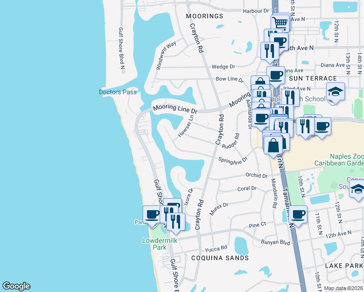 map of restaurants, bars, coffee shops, grocery stores, and more near 292 Springline Drive in Naples