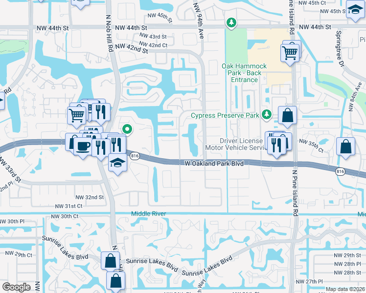 map of restaurants, bars, coffee shops, grocery stores, and more near 9555 West Oakland Park Boulevard in Sunrise