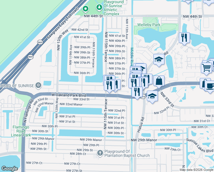 map of restaurants, bars, coffee shops, grocery stores, and more near 11441 West Oakland Park Boulevard in Sunrise