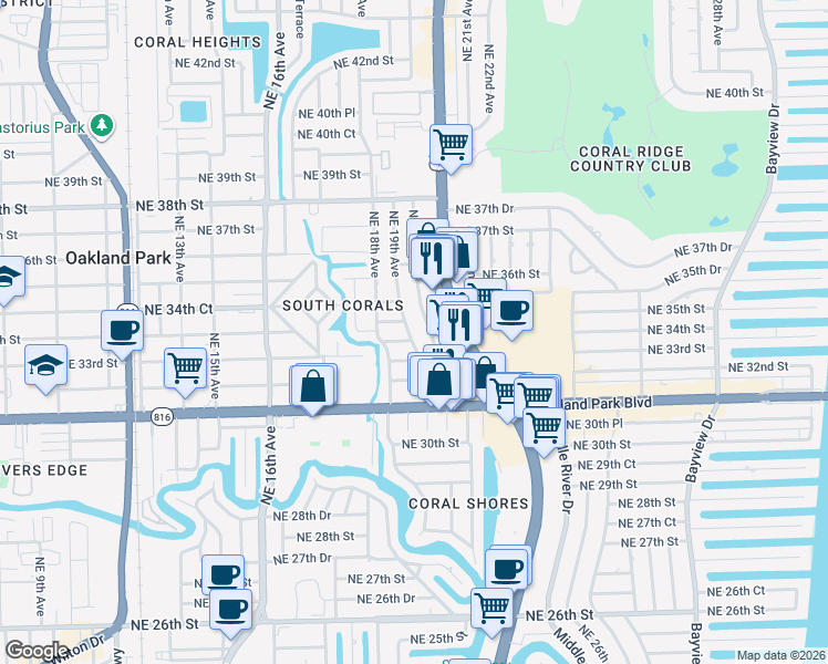 map of restaurants, bars, coffee shops, grocery stores, and more near 3374 Northeast 19th Avenue in Oakland Park