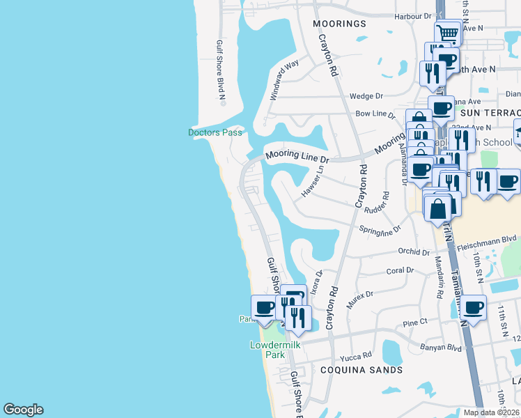 map of restaurants, bars, coffee shops, grocery stores, and more near 1977 Gulf Shore Boulevard North in Naples