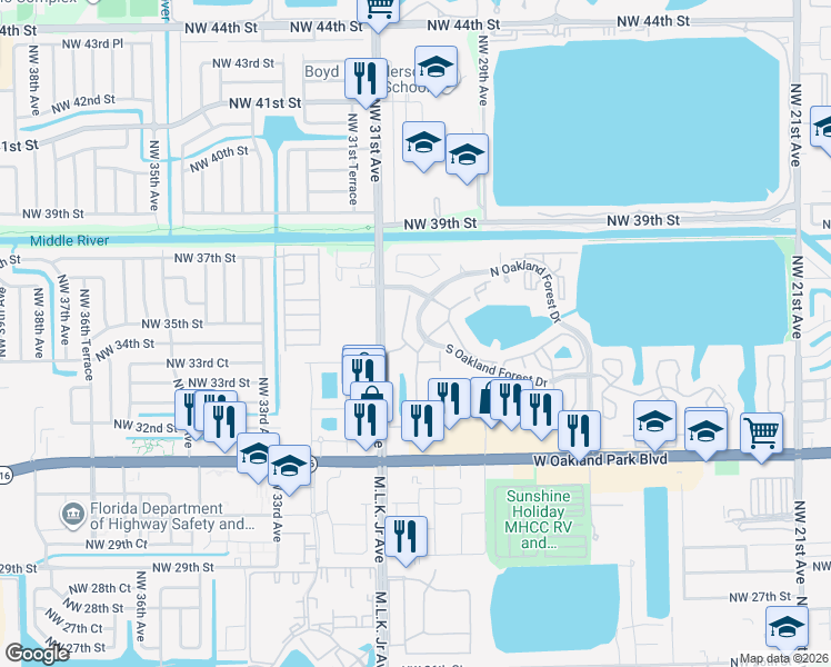 map of restaurants, bars, coffee shops, grocery stores, and more near 3016 South Oakland Forest Drive in Oakland Park
