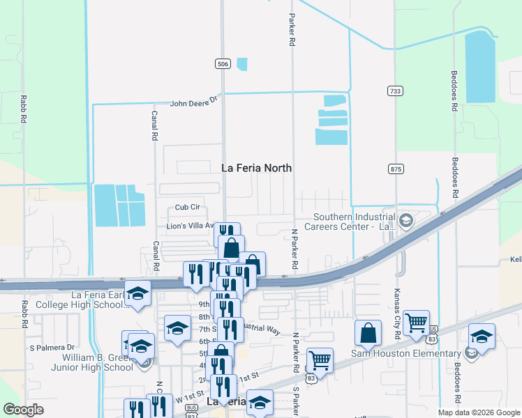 map of restaurants, bars, coffee shops, grocery stores, and more near in La Feria North
