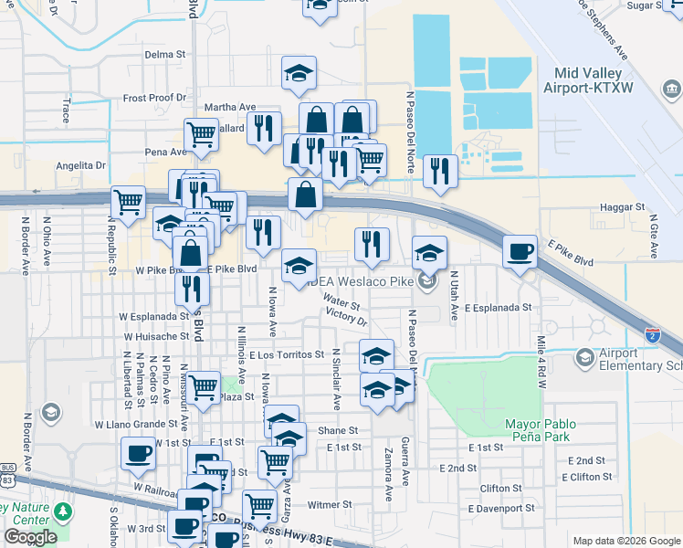 map of restaurants, bars, coffee shops, grocery stores, and more near 805 North Martinez Avenue in Weslaco