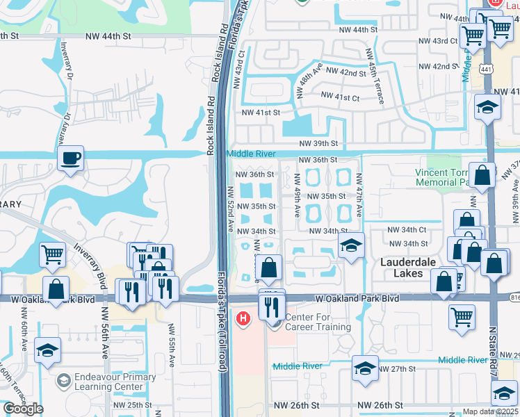 map of restaurants, bars, coffee shops, grocery stores, and more near 5001 Northwest 34th Street in Lauderdale Lakes