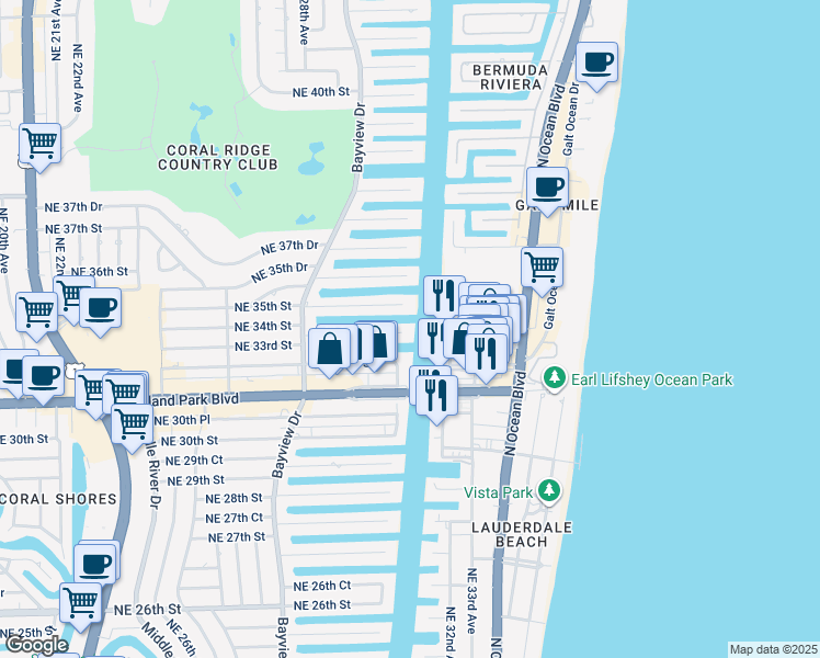 map of restaurants, bars, coffee shops, grocery stores, and more near 2895 Northeast 32nd Street in Fort Lauderdale