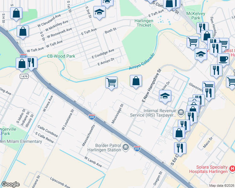 map of restaurants, bars, coffee shops, grocery stores, and more near 805 West Arroyo Park Lane in Harlingen