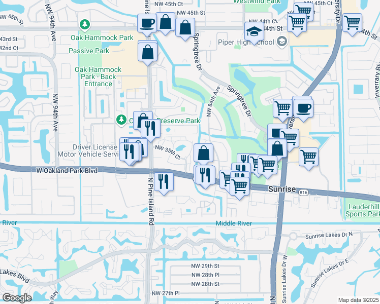 map of restaurants, bars, coffee shops, grocery stores, and more near 3551 Northwest 85th Trail in Sunrise