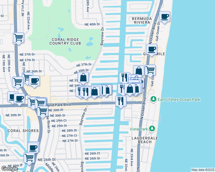 map of restaurants, bars, coffee shops, grocery stores, and more near 2850 Northeast 35th Street in Fort Lauderdale