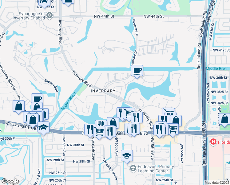 map of restaurants, bars, coffee shops, grocery stores, and more near 3680 Inverrary Drive in Lauderhill