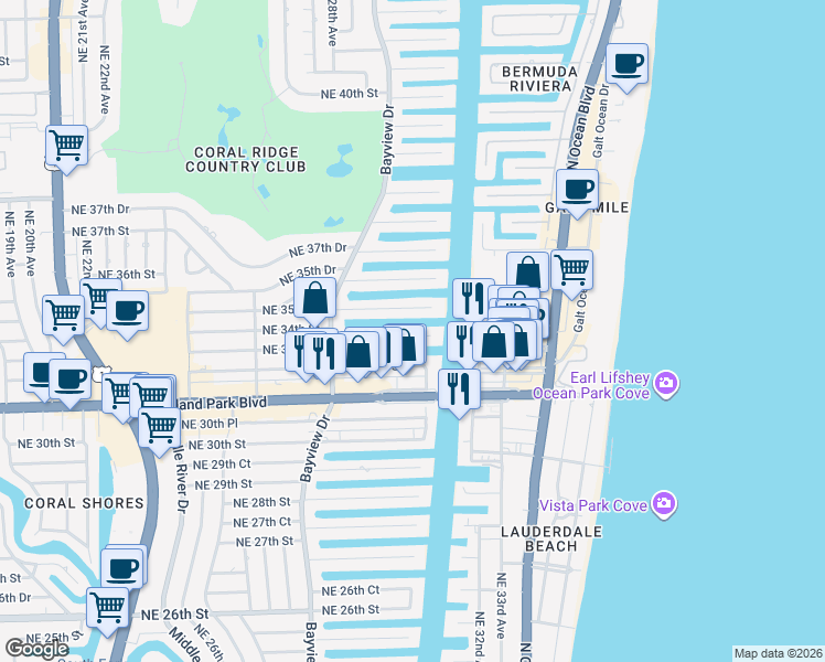 map of restaurants, bars, coffee shops, grocery stores, and more near 2850 Northeast 35th Street in Fort Lauderdale