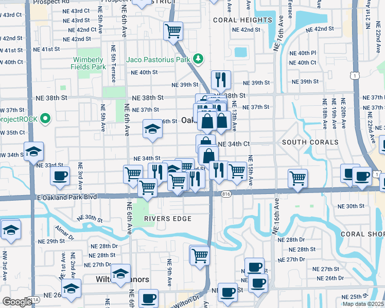 map of restaurants, bars, coffee shops, grocery stores, and more near 1074 Northeast 34th Court in Oakland Park