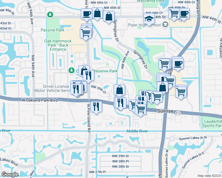 map of restaurants, bars, coffee shops, grocery stores, and more near 3551 Northwest 85th Way in Sunrise