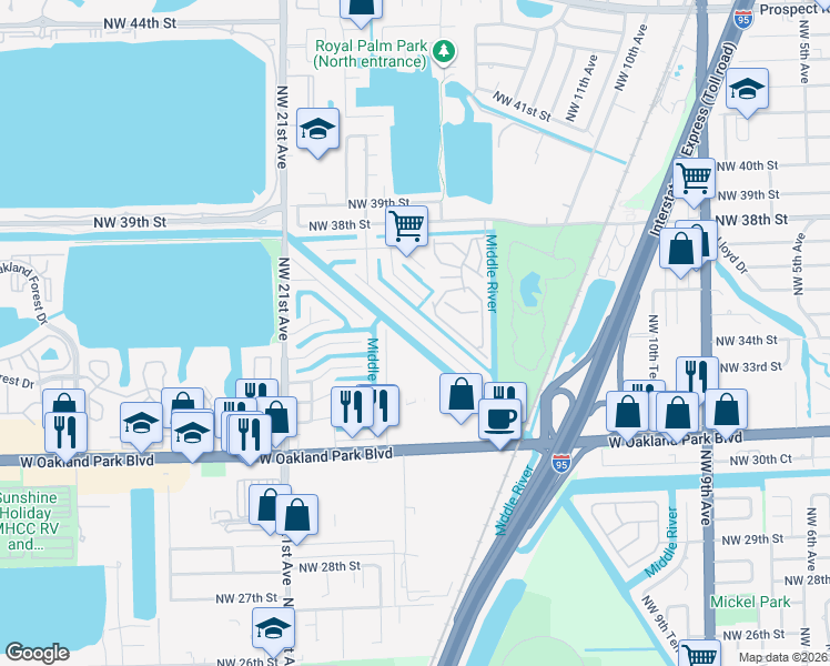map of restaurants, bars, coffee shops, grocery stores, and more near 1737 Northwest 36th Court in Oakland Park