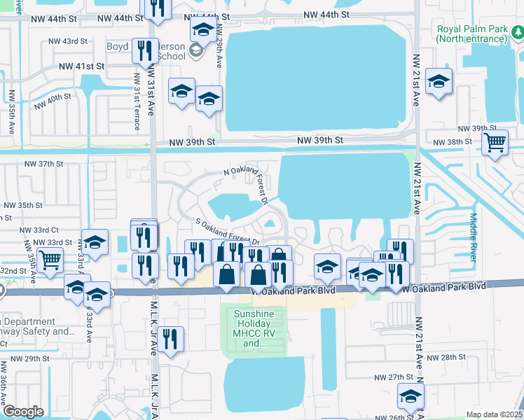 map of restaurants, bars, coffee shops, grocery stores, and more near 2810 North Oakland Forest Drive in Oakland Park