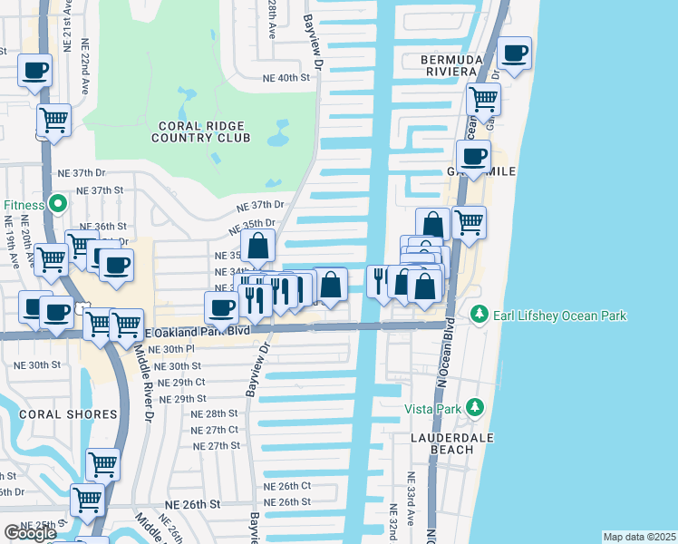 map of restaurants, bars, coffee shops, grocery stores, and more near 2850 Northeast 35th Street in Fort Lauderdale