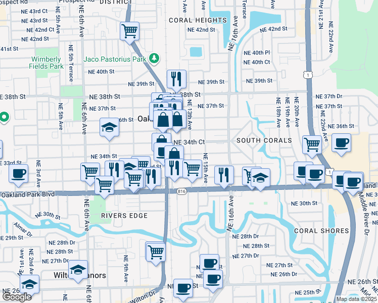 map of restaurants, bars, coffee shops, grocery stores, and more near 3450-3462 Northeast 12th Avenue in Oakland Park