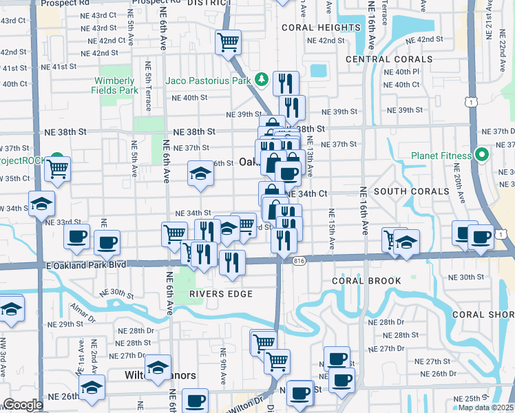 map of restaurants, bars, coffee shops, grocery stores, and more near 1074 Northeast 34th Court in Oakland Park