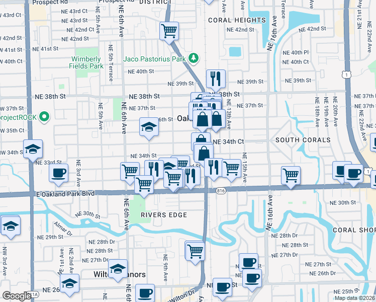 map of restaurants, bars, coffee shops, grocery stores, and more near 1074 Northeast 34th Court in Oakland Park