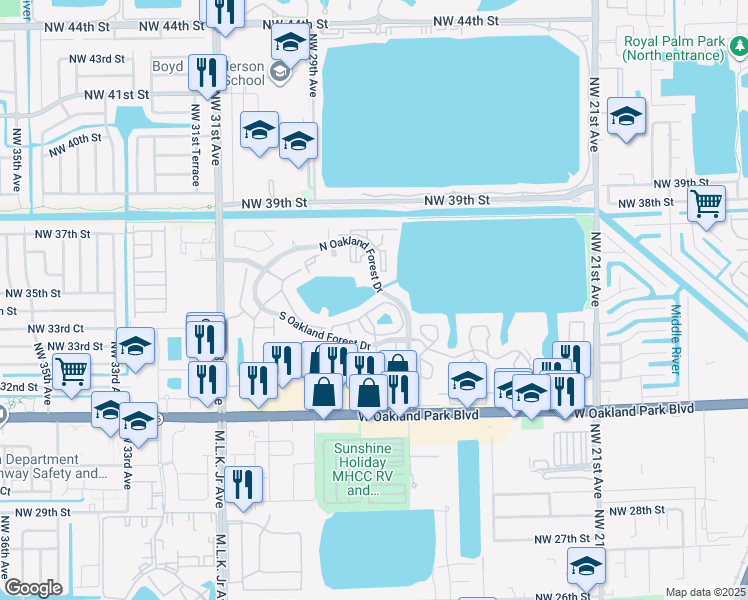 map of restaurants, bars, coffee shops, grocery stores, and more near 2810 North Oakland Forest Drive in Oakland Park