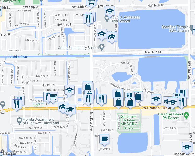 map of restaurants, bars, coffee shops, grocery stores, and more near 2829 Forest Park in Oakland Park