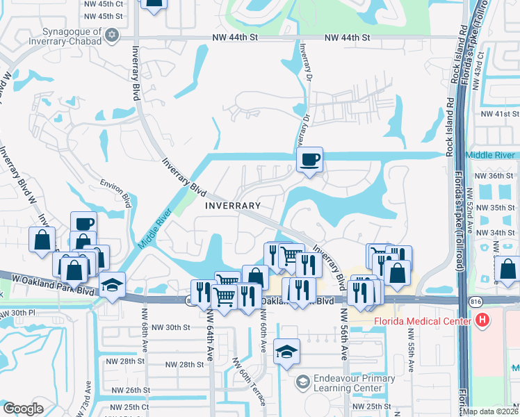 map of restaurants, bars, coffee shops, grocery stores, and more near 3680 Inverrary Drive in Lauderhill