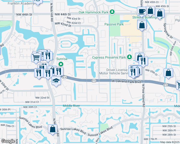 map of restaurants, bars, coffee shops, grocery stores, and more near 3564 Northwest 95th Terrace in Sunrise