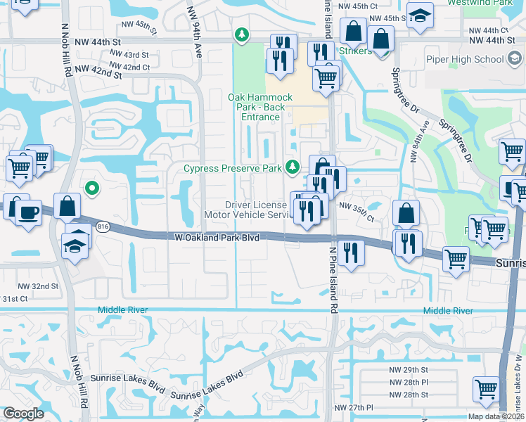 map of restaurants, bars, coffee shops, grocery stores, and more near 3551 Northwest 91st Avenue in Sunrise