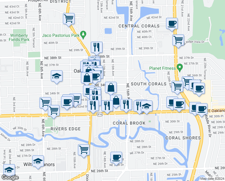 map of restaurants, bars, coffee shops, grocery stores, and more near 1499 Northeast 34th Street in Oakland Park