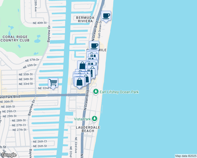 map of restaurants, bars, coffee shops, grocery stores, and more near 3430 Galt Ocean Drive in Fort Lauderdale