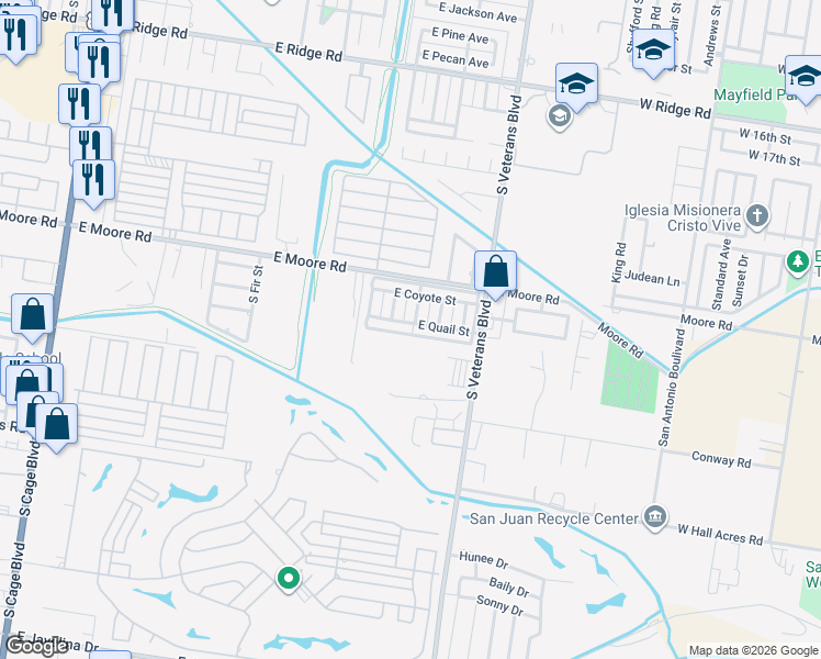map of restaurants, bars, coffee shops, grocery stores, and more near 1803 South Juniper Street in Pharr