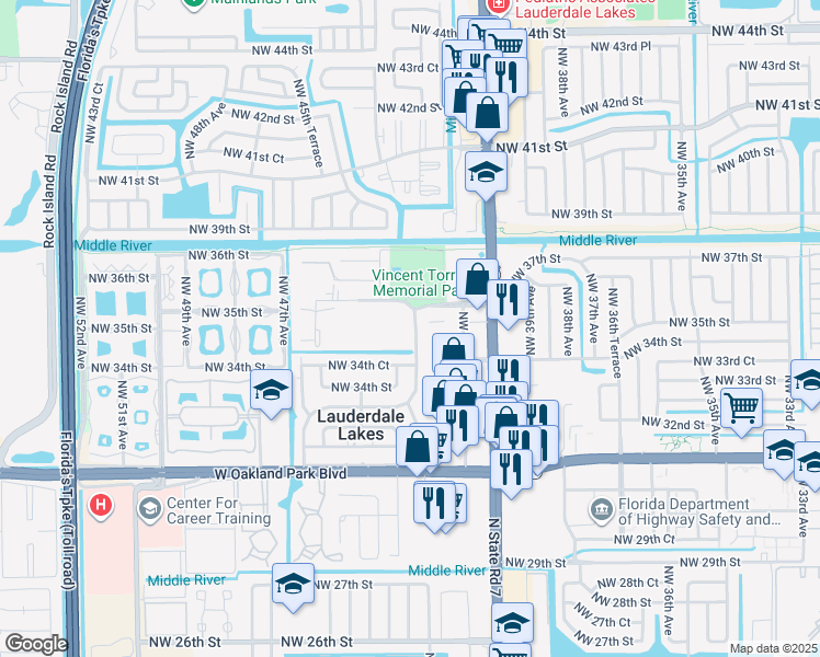 map of restaurants, bars, coffee shops, grocery stores, and more near 3521 Northwest 43rd Avenue in Lauderdale Lakes