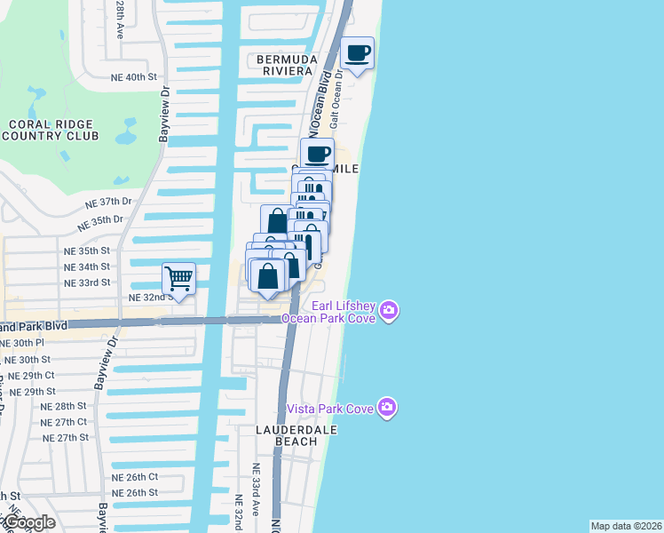 map of restaurants, bars, coffee shops, grocery stores, and more near 3430 Galt Ocean Drive in Fort Lauderdale