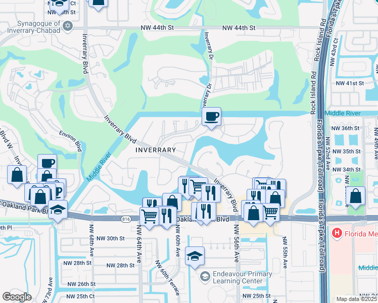 map of restaurants, bars, coffee shops, grocery stores, and more near 3670 Inverrary Drive in Lauderhill