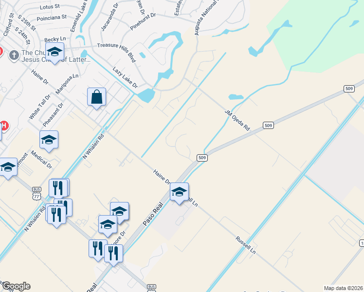 map of restaurants, bars, coffee shops, grocery stores, and more near 3422 Bryan Drive in San Benito