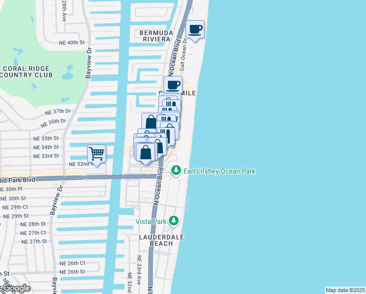 map of restaurants, bars, coffee shops, grocery stores, and more near 3430 Galt Ocean Drive in Fort Lauderdale