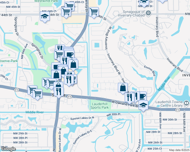 map of restaurants, bars, coffee shops, grocery stores, and more near 7441 Northwest 35th Court in Lauderhill